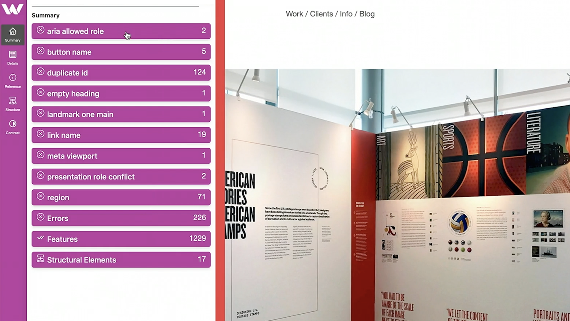 an image of the web access pro summary panel showing the errors found on a scanned website